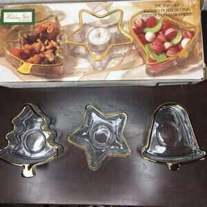 Indiana Glass 3 Piece Holiday Gold Party Set Vintage In Box Bell Tree Star